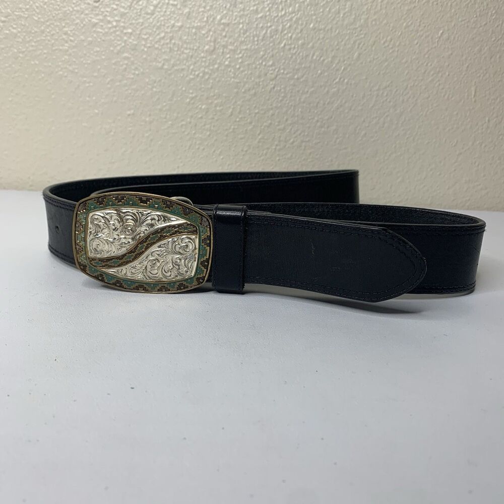 CRUMRINE Western Etched Design Heavy Silver Plated Belt Buckle Black Cowhide